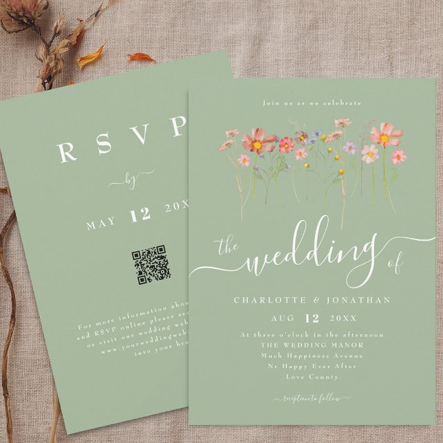 Convites Boho Outono Código QR Flor Silvestre Verde Salvia  (Boho fall Wildflower floral sage green Wedding qr code invitation Elegant modern script watercolor)