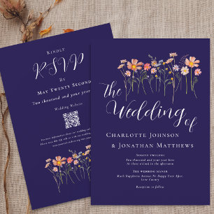 Convites Boho Outono Flor Silvestre Azul Naval Terracota Có