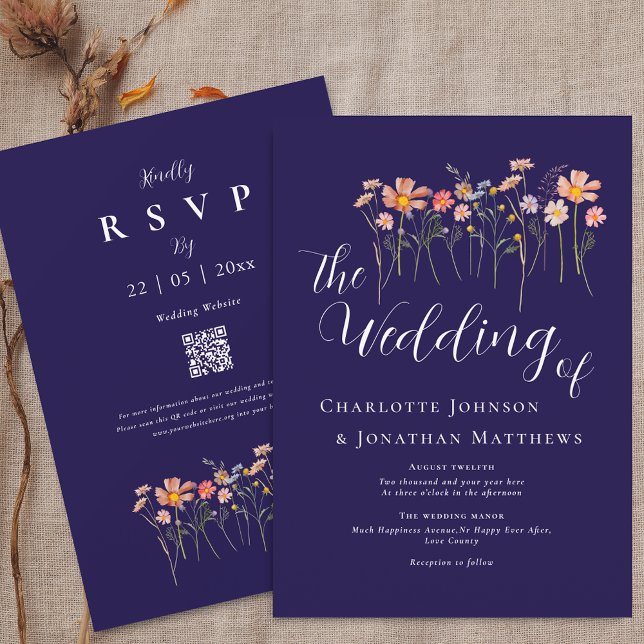 Convites Boho Outono Flor Silvestre Floral Azul Marinho Cód (Boho fall Wildflower meadow navy blue terracotta white Wedding qr code invitation watercolor florals)