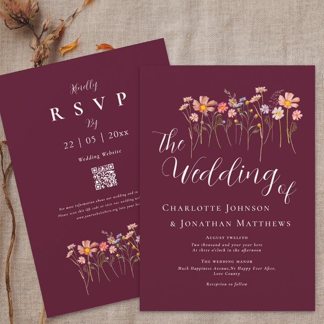 Convites Boho Outono Flor Silvestre Floral Borgonha Código  (Wildflower floral burgundy & ivory cream Wedding qr code invitation watercolor flower meadow elegant)