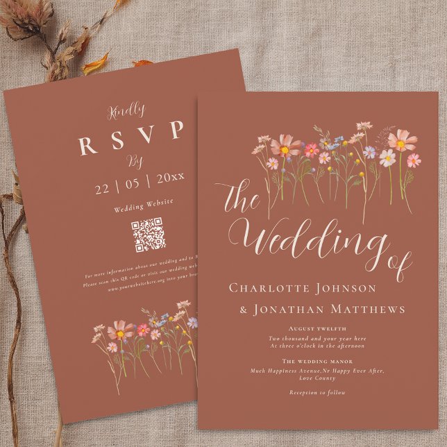 Convites Boho Outono Flor Silvestre Floral Terracota Código (Boho fall Wildflower floral terracotta beige Wedding qr code invitation watercolor flower meadow )