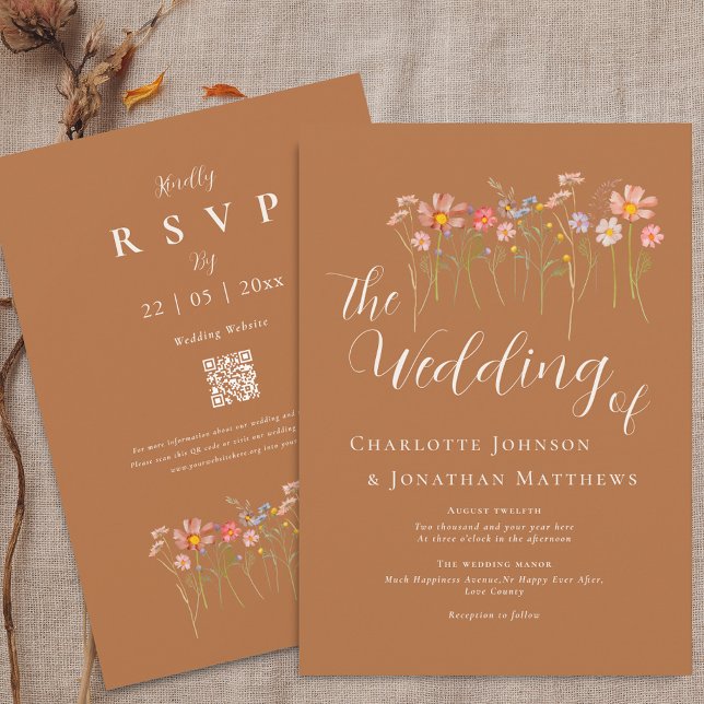 Convites Boho Outono Flores Silvestres Açúcar Mascavo Bege  (Boho fall rustic wildflower meadow brown sugar terracotta rust wedding qr code wedding invitation)