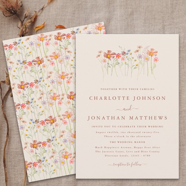 Convites Boho Outono Flores Silvestres Bege Terracota Casam (Boho fall Wildflower meadow rustic floral beige terracotta Wedding invitation elegant script)