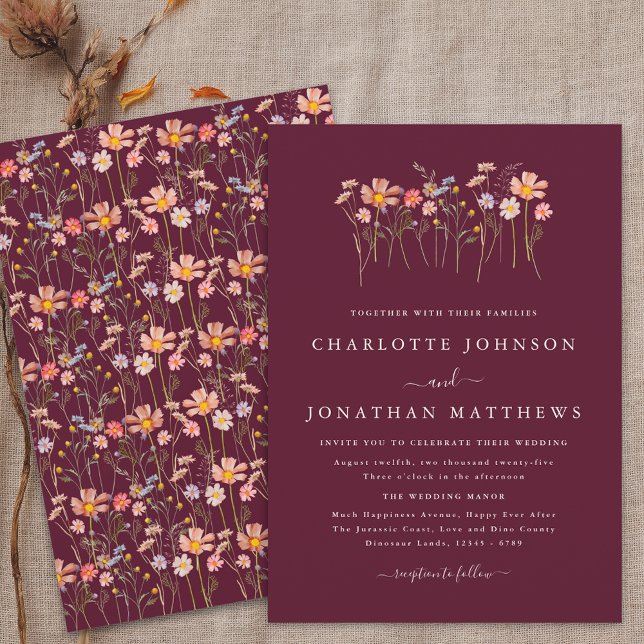 Convites Boho Outono Flores Silvestres Borgonha & Terracota (Boho fall wildflower burgundy terracotta wedding invitation watercolor floral modern elegant script )