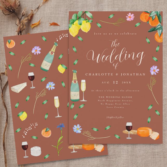 Convites Boho Outono Flores Silvestres Citrino Terracota Ca (Boho fall floral citrus terracotta wedding invitation Lemons oranges citrus fruits wine & cheese)