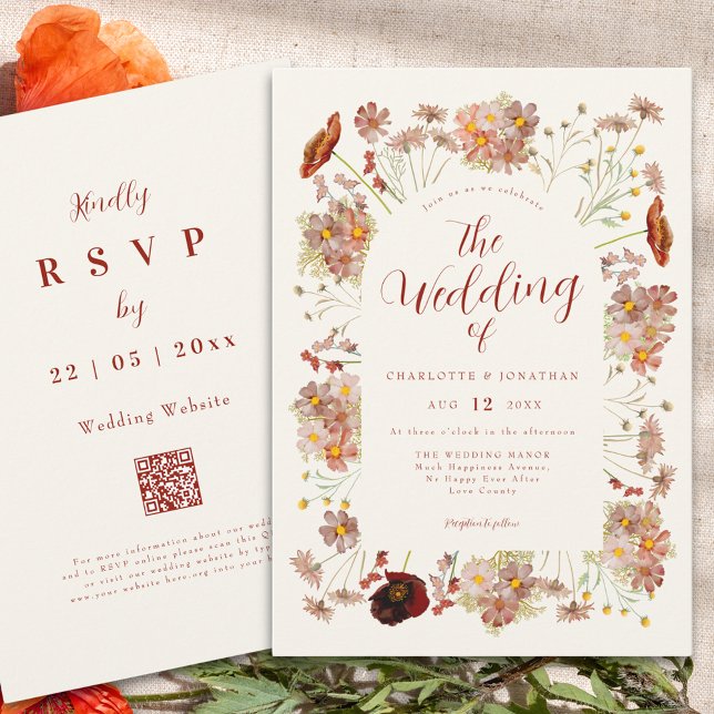 Convites Boho Outono Flores Silvestres Laranja Queimada Cas (Boho wildflower elegant fall wedding qr code invitation in earthy tones)