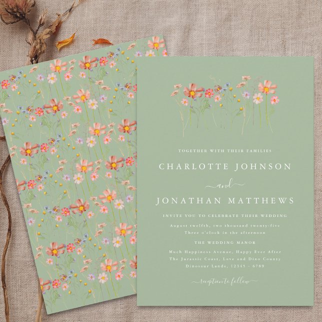 Convites Boho Outono Flores Silvestres Noiva Verde Salvia (Boho fall Wildflower meadow floral sage green Wedding Invitation Elegant modern script terracotta )