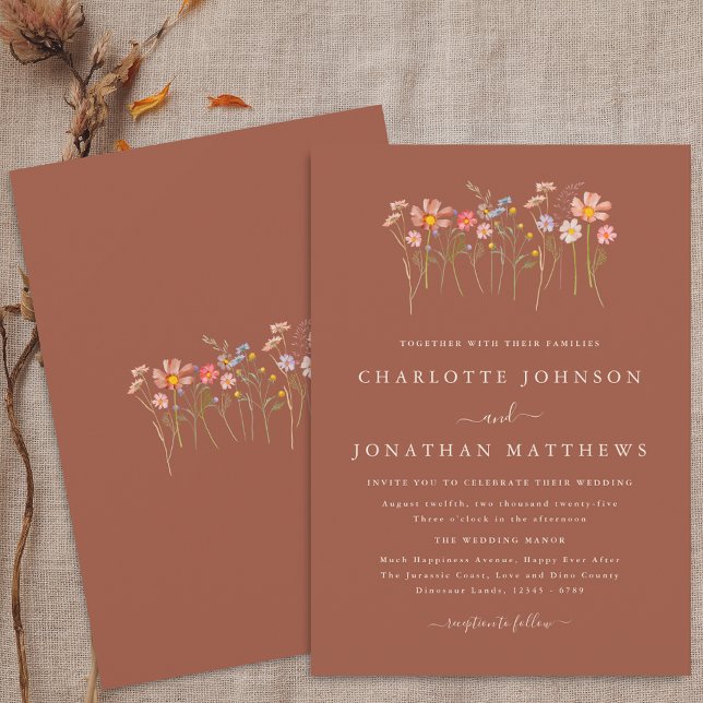 Convites Boho Outono Flores Silvestres Terracota Laranja Ca (Boho fall Wildflower floral beige terracotta Wedding invitation Watercolor flowers autumn colors)