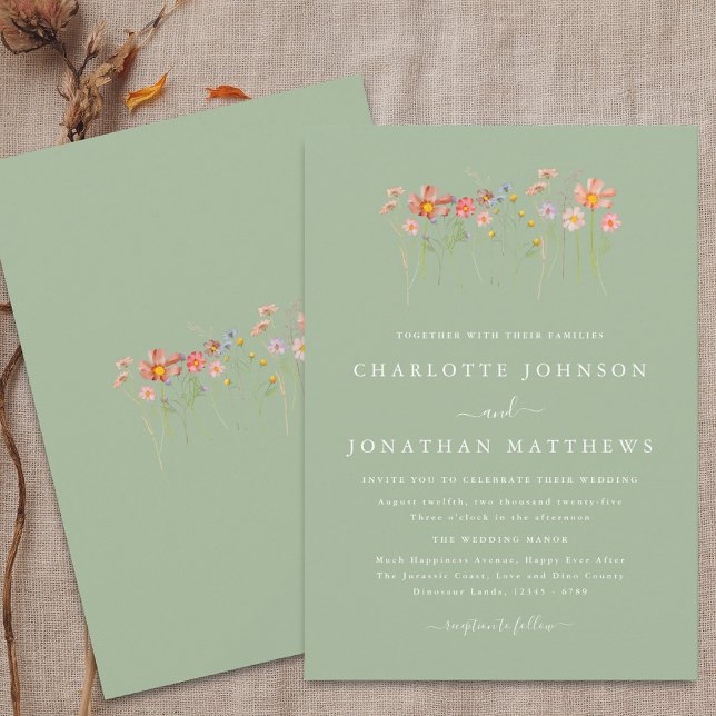 Convites Boho Outono Flores Silvestres Verde Salvia Casamen (Boho fall Wildflower meadow floral sage green terracotta Wedding Invitation Elegant modern script )