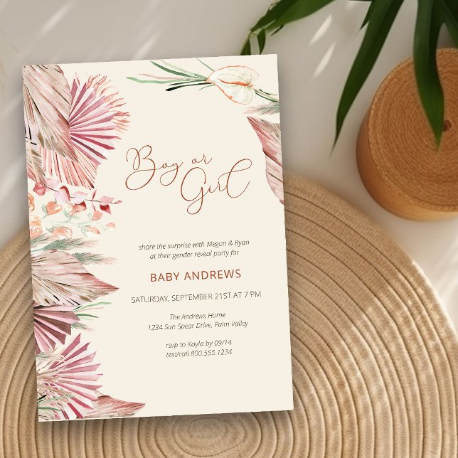 Convites Boho Palm Dried Tropical Foliage Gênero Revelação (Neutral Gender Reveal Invitation with boho palm leaves)