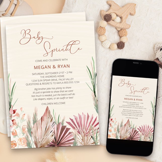 Convites Boho Palm Folhagem Seca Sprinkle de Bebê Rústico (Neutral and natural boho style baby sprinkle invitation with palms flowers and dried grass)