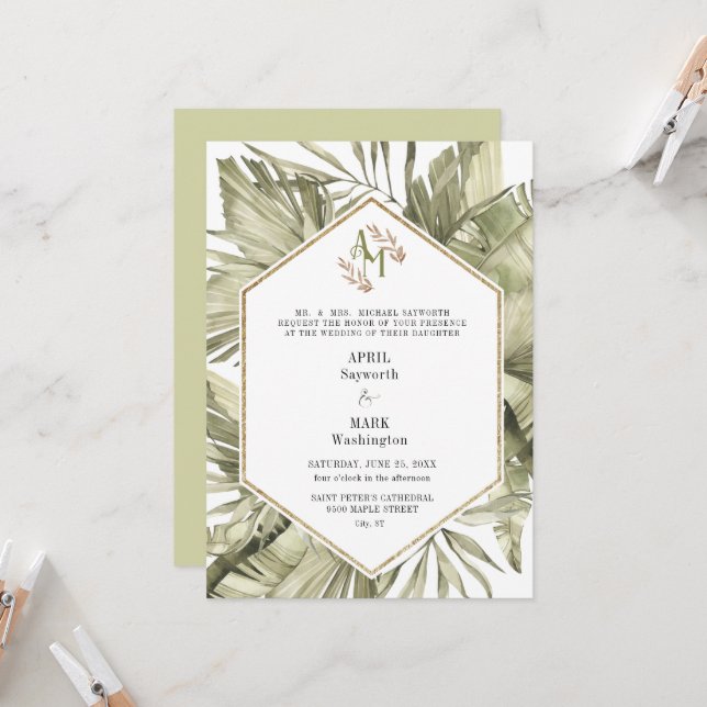 Convites Boho Palm Leaf Greenery Monograma Casamento (Frente/Verso In Situ)