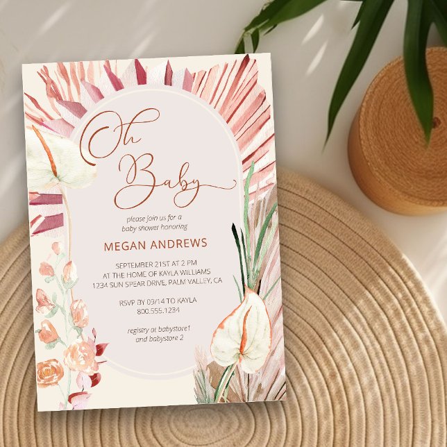 Convites Boho Palm Oh Chá de fraldas Russo De Folhagem Seca (Neutral Baby Shower Invitation with boho palm leaves)