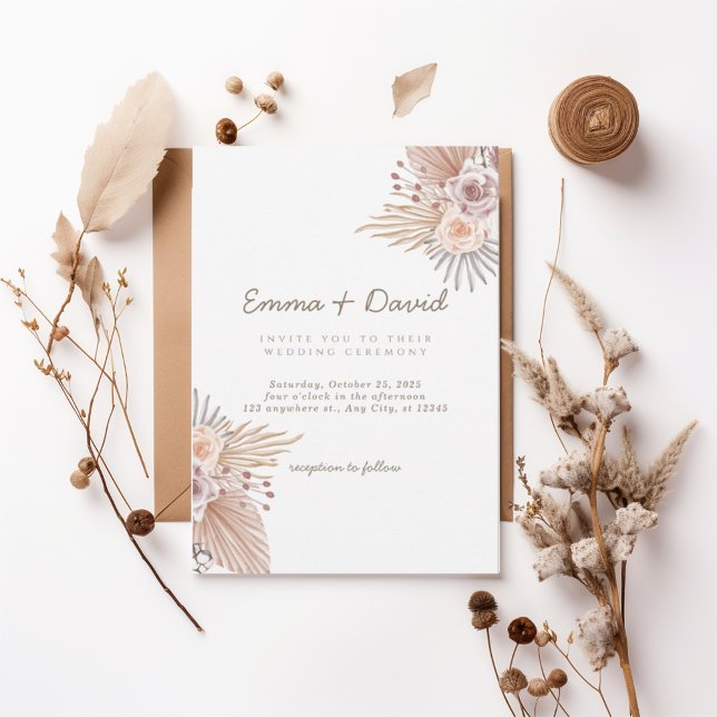 Convites Boho Pampas and Blush Rose Wedding Invitation (Criador carregado)