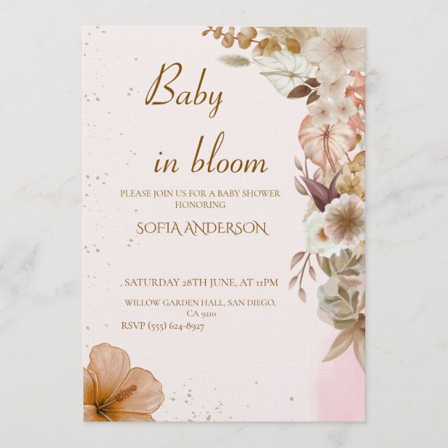 Convites Boho Pampas Baby Shower Invitation ,Neutral Modern (Frente)