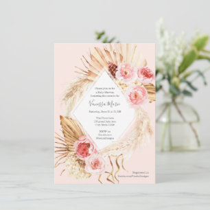 Convites Boho Pampas - chá de menina floral cor-de-rosa