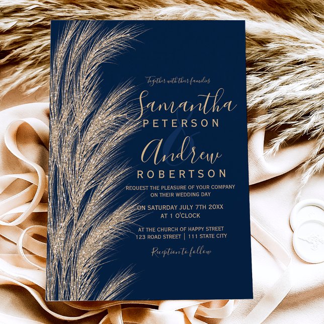 Convites Boho pampas dourado marinho azul casamento azul (Criador carregado)