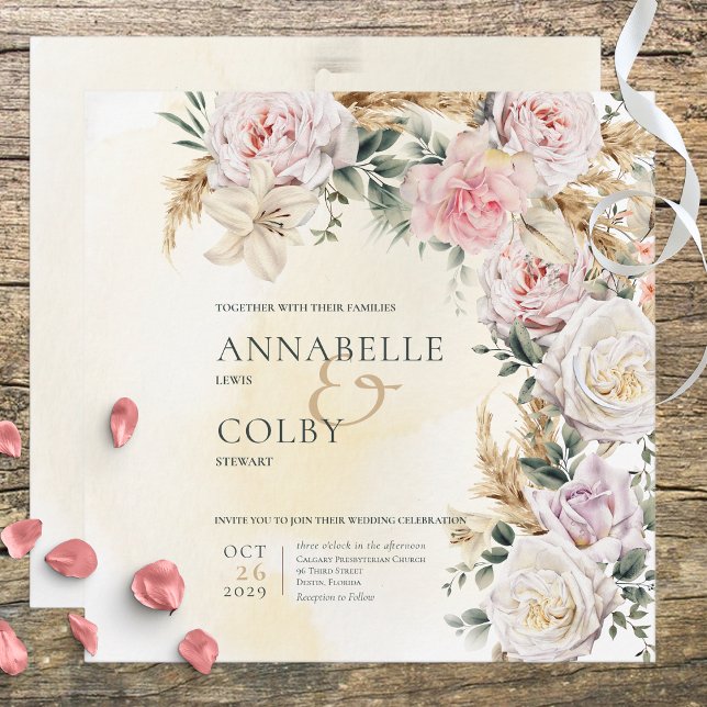 Convites Boho Pampas e Casamento de Creme na Praça das Rosa (Criador carregado)