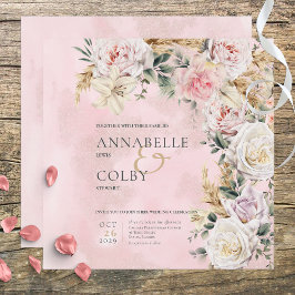 Convites Boho Pampas e Casamento Quadrado de Rosas Rosa