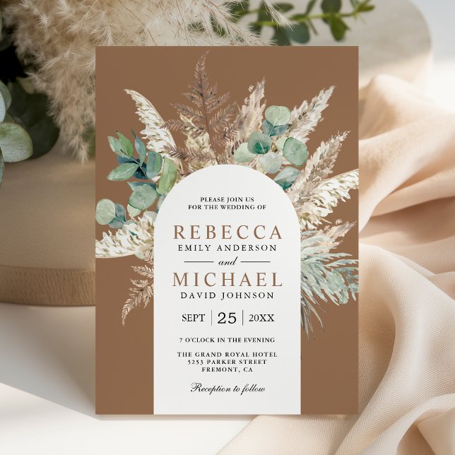 Convites Boho Pampas Eucalyptus Arch Beige Tan Wedding (Criador carregado)