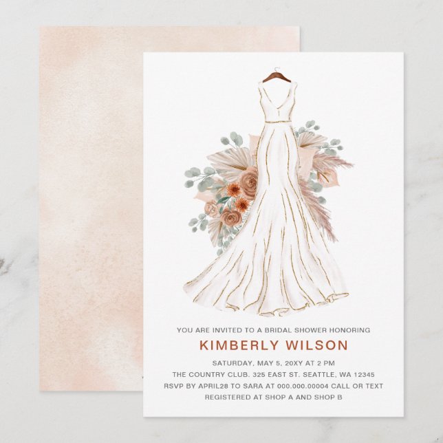 Convites Boho Pampas Glitter Chá de panela de Vestido Casad (Frente/Verso)