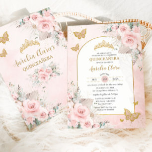 Convites Boho Pampas Grama Rosa Floral Quinceañera