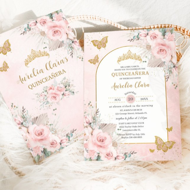 Convites Boho Pampas Grama Rosa Flores Quinceañera (Criador carregado)