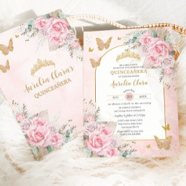 Convites Boho Pampas Grama Rosas Rosa Floral Quinceañera