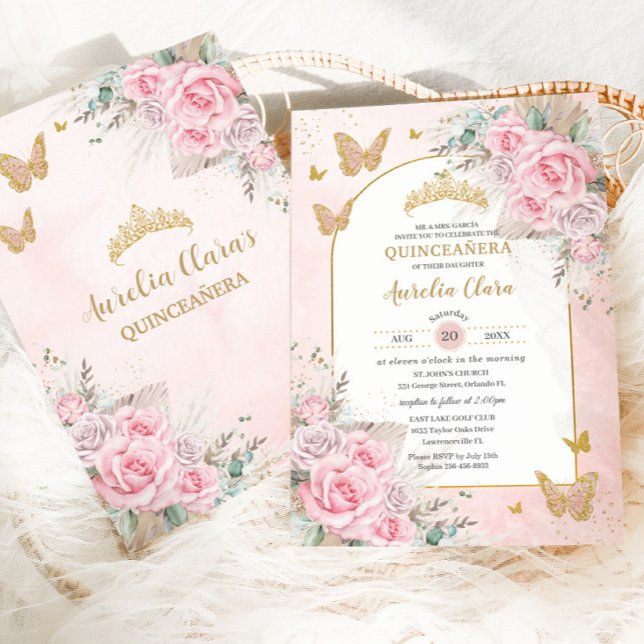 Convites Boho Pampas Grama Rosas Rosa Floral Quinceañera (Criador carregado)