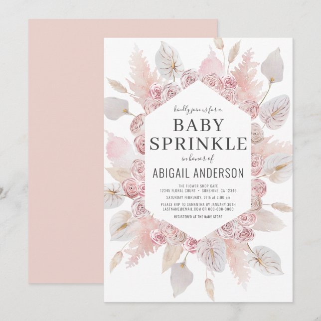 Convites Boho Pampas Grass Baby Sprinkle Elegante (Frente/Verso)