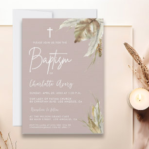 Convites Boho Pampas Grass Batismo Personalizado Cor-de-Ros