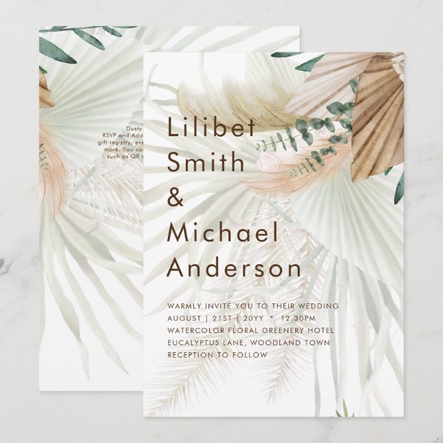 Convites BoHO Pampas Grass Beige Green Terracotta Casamento (Frente/Verso)