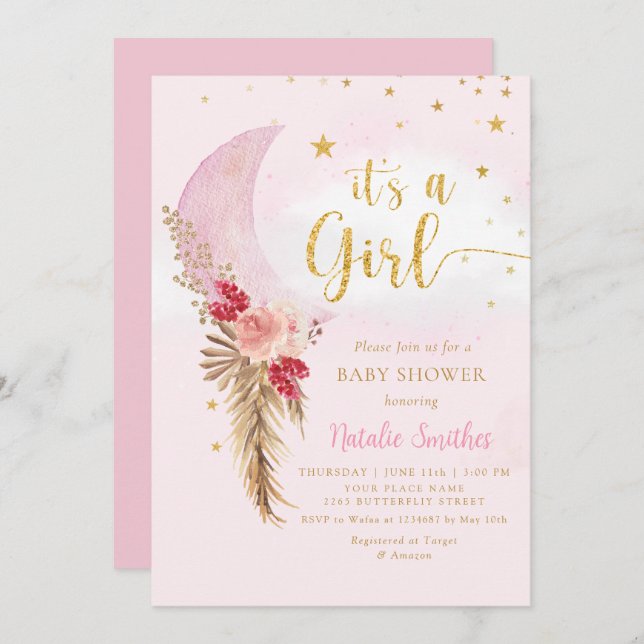 Convites Boho Pampas Grass Blush Chá de fraldas (Frente/Verso)