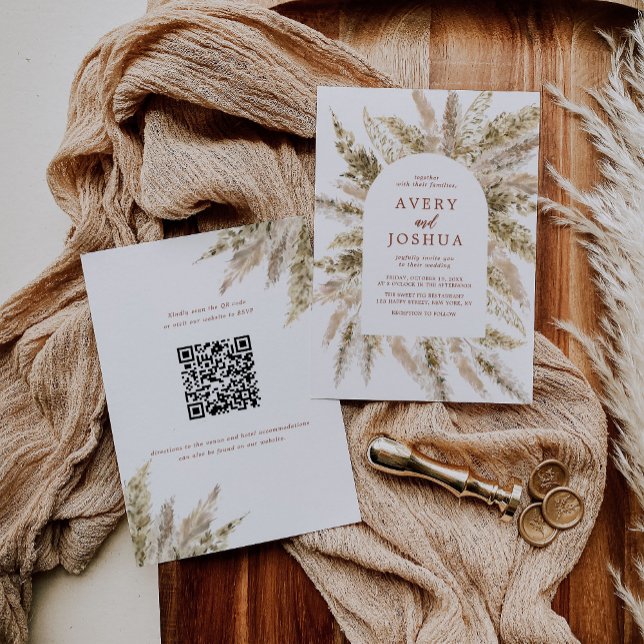 Convites Boho Pampas Grass Código Qr Tudo Em Um Casamento (Criador carregado)