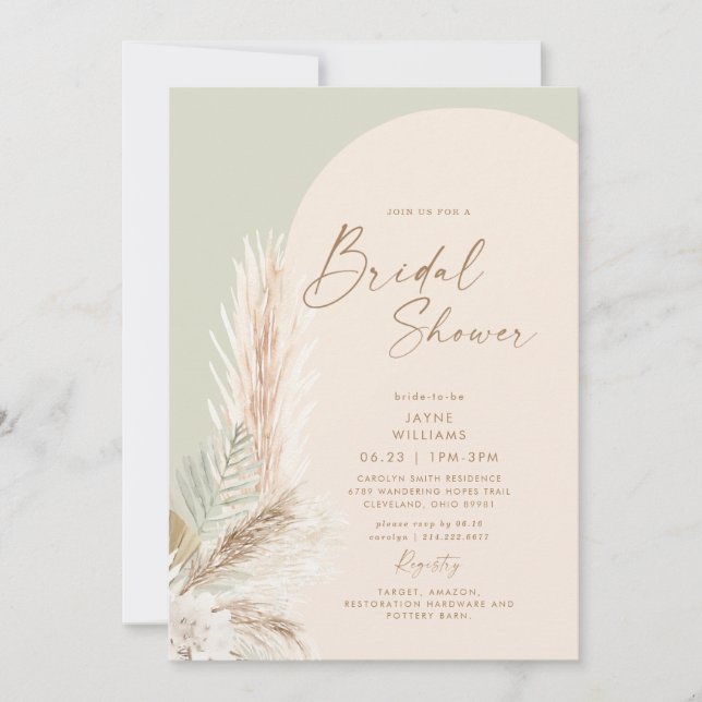 Convites Boho Pampas Grass Dourado Geométrico Sage Bridal (Frente)