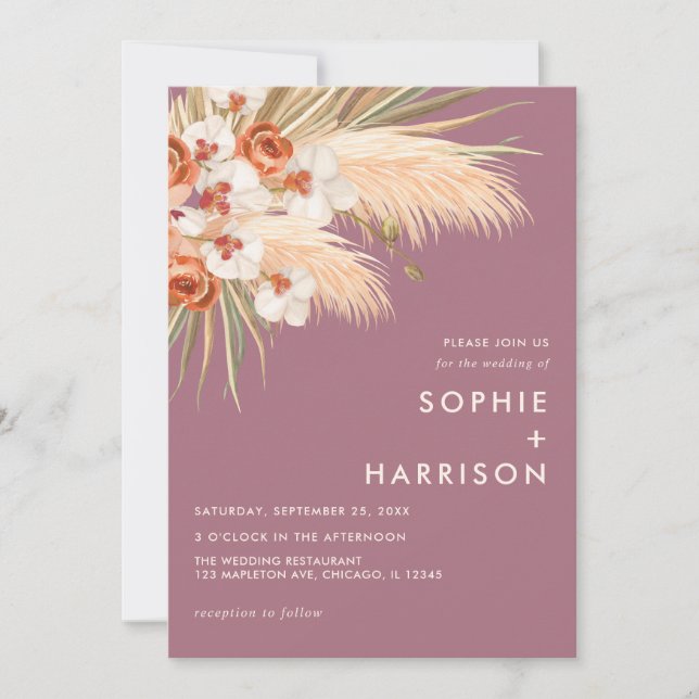 Convites  Boho Pampas Grass Dusty Rosa Weding (Frente)
