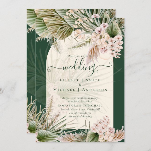 Convites BOHO Pampas Grass Emerald Green Invitation (Frente/Verso)