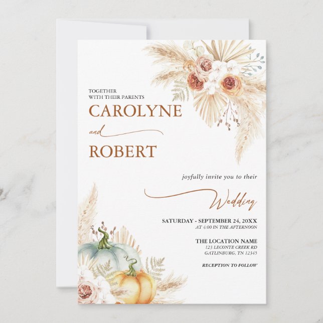 Convites Boho Pampas Grass Fall Pumpkin Wedding Invitation (Frente)