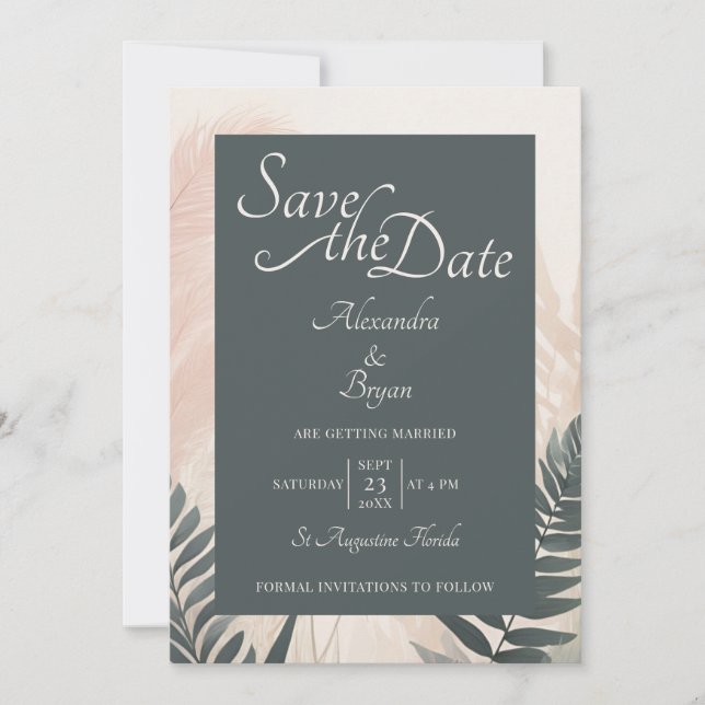 Convites Boho Pampas Grass & Fern Wedding Salvar Data (Frente)