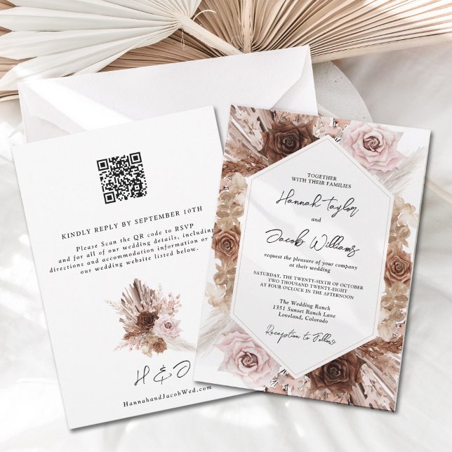 Convites Boho Pampas Grass Floral Código QR RSVP Casamento (Criador carregado)