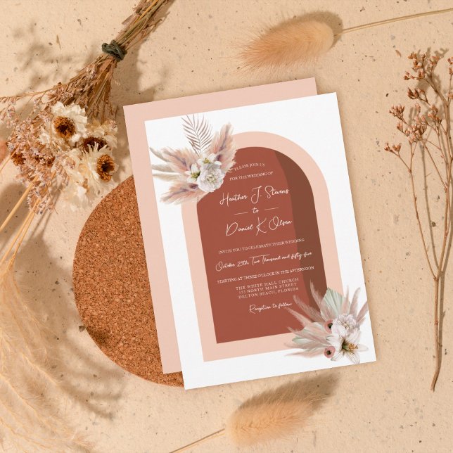 Convites Boho Pampas Grass Floral Pink Terracotta Casamento (Criador carregado)
