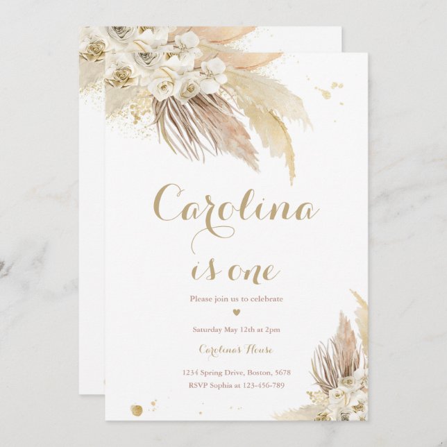 Convites Boho Pampas Grass Inv, Partido primeiro aniversari (Frente/Verso)