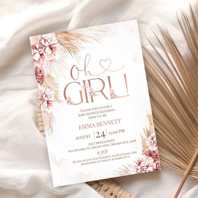 Convites Boho Pampas Grass Oh Chá de fraldas Rapariga Convi (Boho Blush Floral Oh Girls Baby Shower Invitation, Pampas Grass, Girls Bohemian Baby Shower Invite)