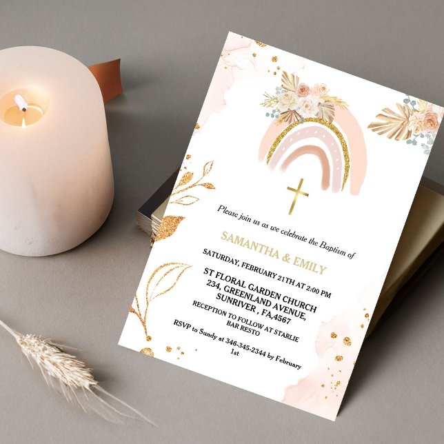 Convites Boho Pampas Grass Rainbow Girl BAptism Christening (Criador carregado)