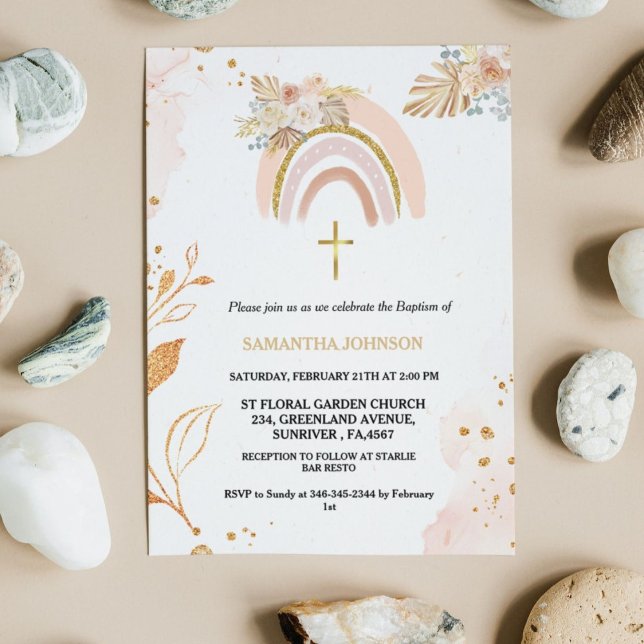 Convites Boho Pampas Grass Rainbow Girl BAptism Christening (Criador carregado)