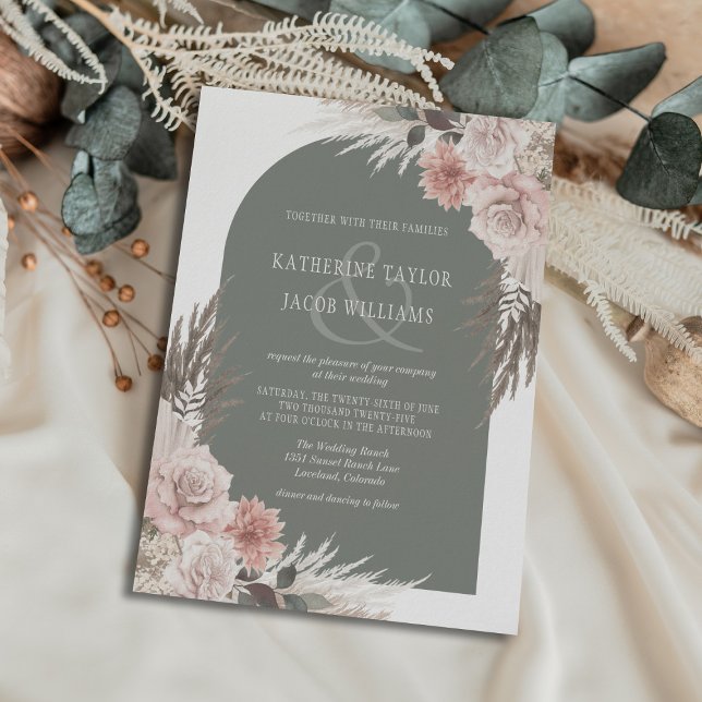 Convites Boho Pampas Grass Sage Casamento Floral Verde (Criador carregado)