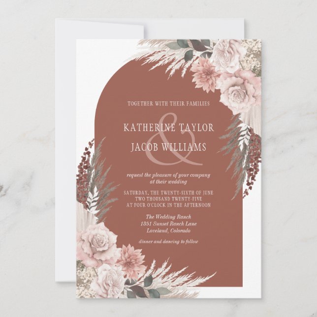 Convites Boho Pampas Grass Terracotta Floral Wedding Invita (Frente)