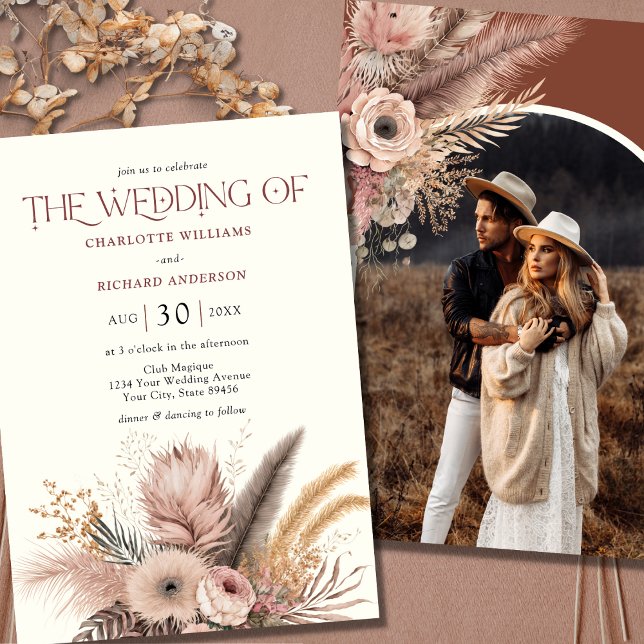 Convites Boho Pampas Grass Terracotta Foto Casamento (Criador carregado)