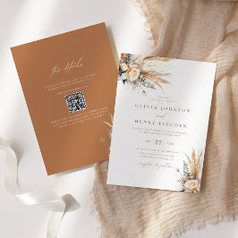 Convites Boho Pampas Grass Wedding Floral Código QR