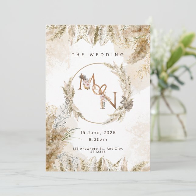Convites Boho Pampas Grass Wedding Invitation  (Em pé/Frente)